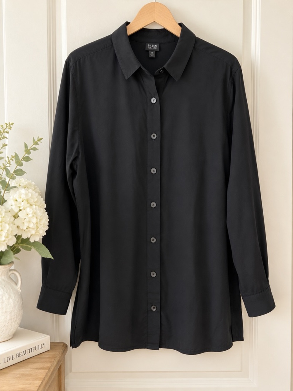 Eileen Fisher Woman 1X Black Linen Silk Blend Button Front Blouse